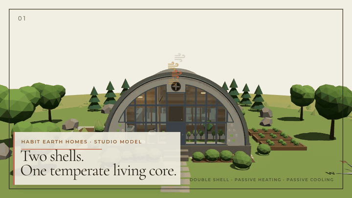A rotating three-dimensional Habit Earth studio model gradually reveals the protected living core beneath its curved outer shell.